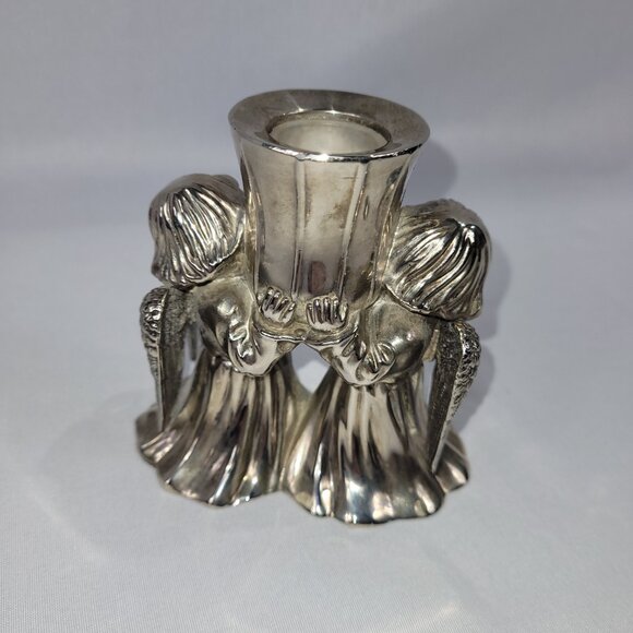 Candle Holder Silver Plate Zinc Two Angels Candle Holder Metal Candlestick - Picture 2 of 3